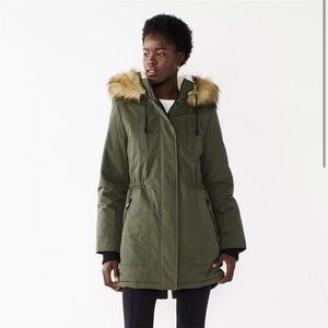 Nine West Fur Trim Hooded Parka Coat Green